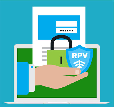 un écran avec une main portant un document avec un champ de mot de passe, un cadenas, et un bouclier de RPV