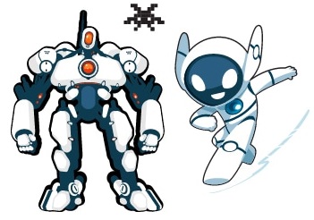 Viro et Cybot - Viro est un robot très grand à l'air méchant, et Cybot est un petit robot mignon à l'air sympathique