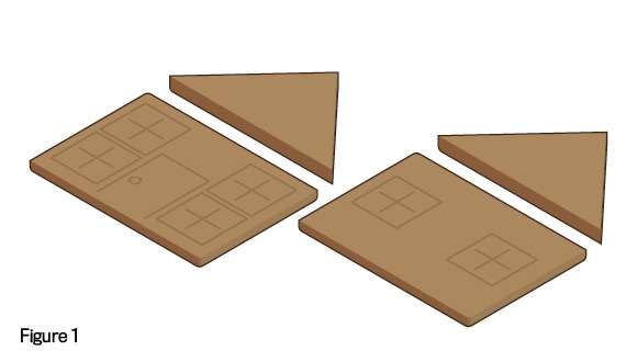 deux murs carrés de l'avant et l'arrière et deux murs triangles de l'avant et l'arrière d'une maison en pain d'épices, à plat; texte : figure 1