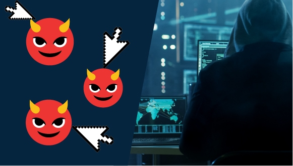 "un pirate informatique en veste de capuchon, des curseurs et des emojis de diable"