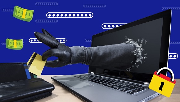une main venant d'un écran d'ordinateur portable enlève une carte de crédit d'une porte-feuille, avec des mots de passe, des liasses d'argent et des cadenas