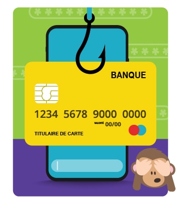 une carte de crédit avec un hameçon, un téléphone, et un emoji d'une singe qui couvre ses yeux