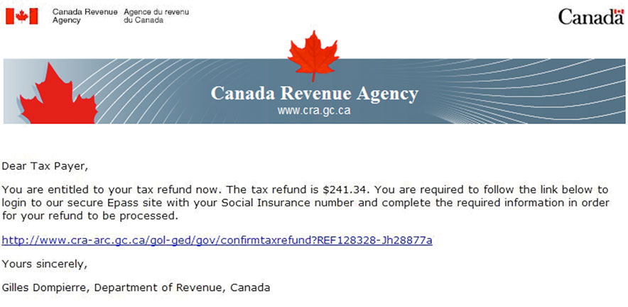 Demande de remboursement frauduleuse qui prétend venir de l'Agence du revenu du Canada