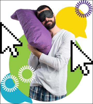 "une personne avec une masque de sommeil et un oreiller, avec des curseurs en forme de flèche et des cercles de mise-à-jour"
